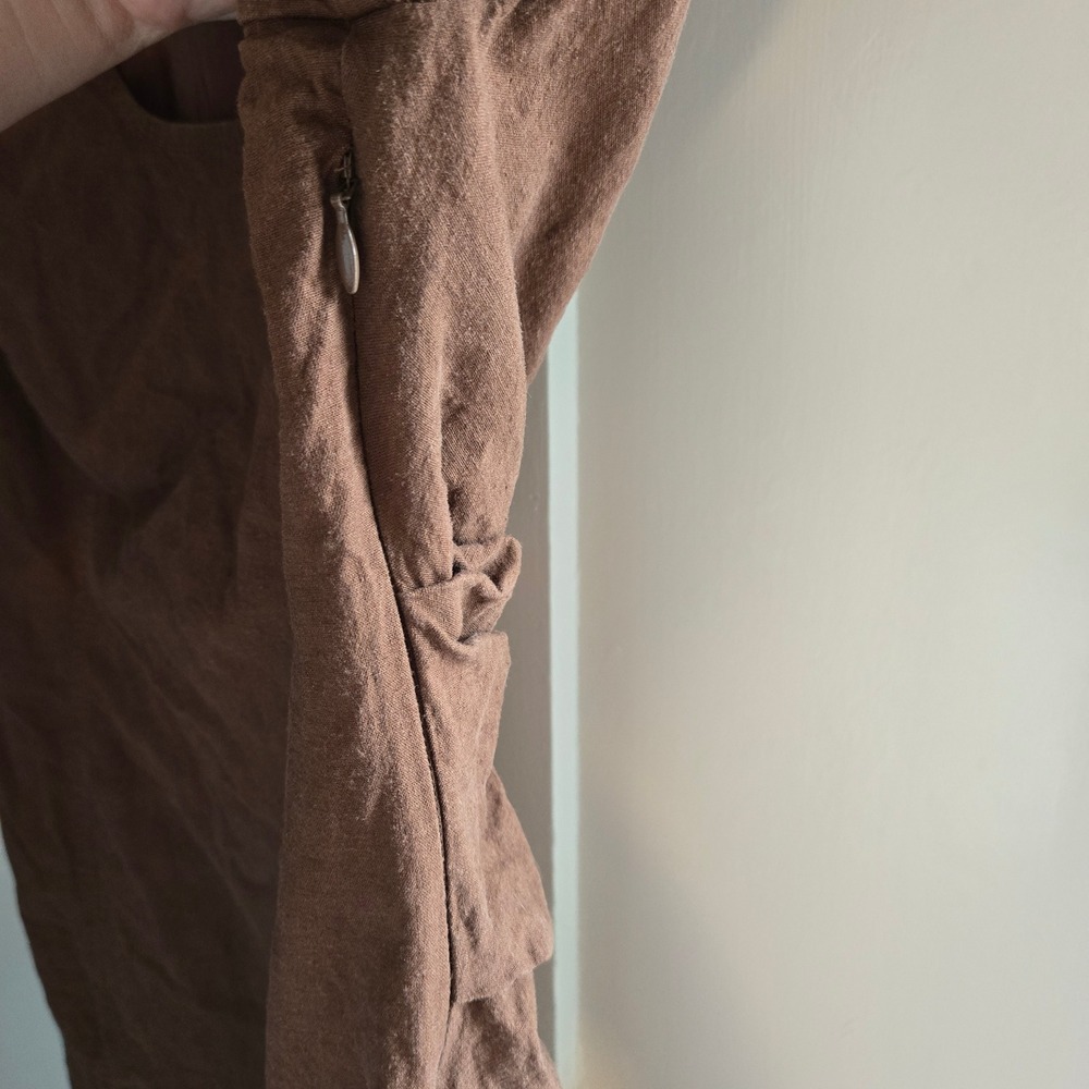 Maeve Anthropologie Brown‎ Linen Puff Sleeve Cutout Back Mini Dress, Size Large - Picture 14 of 14